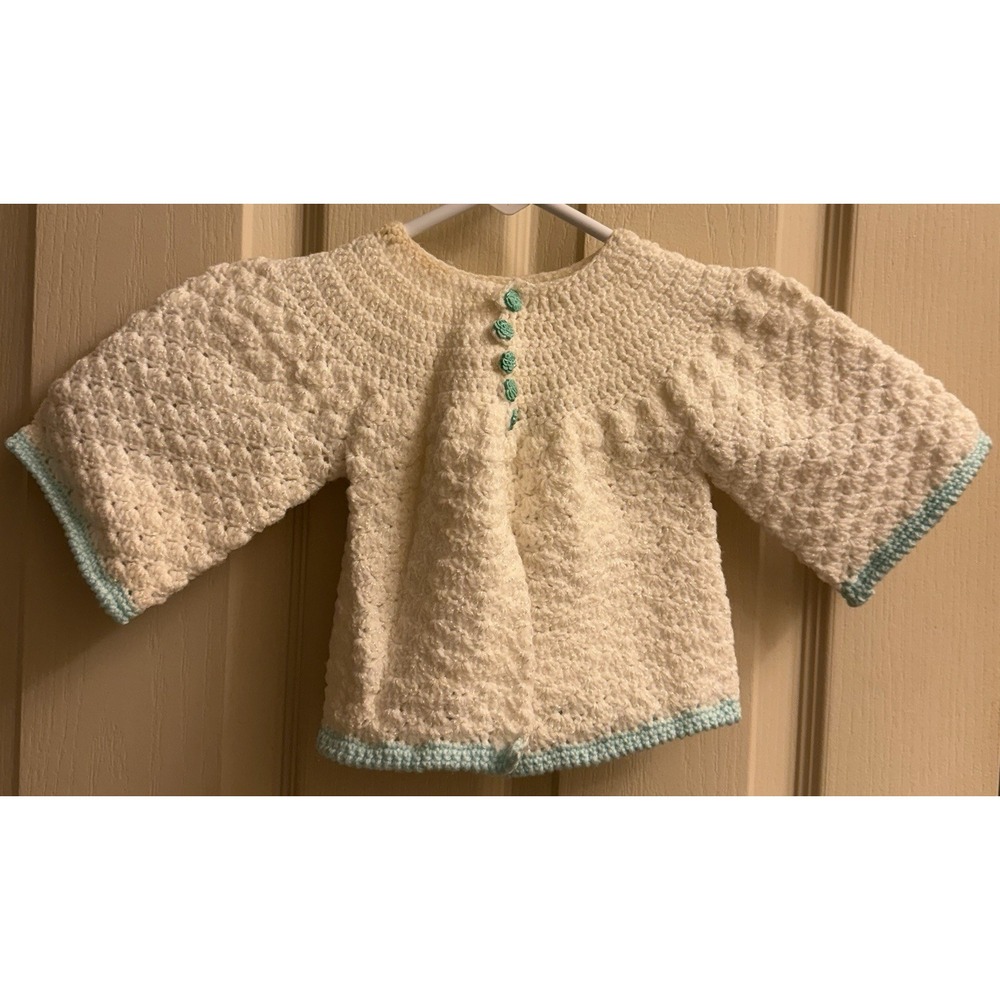Handmade White and Teal crochet baby cardigan